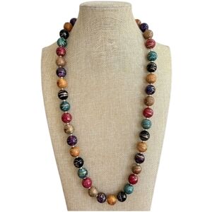 Chunky Boho Colorful Painted Acrylic Bead Necklace with Gold Tone Spacers 30"